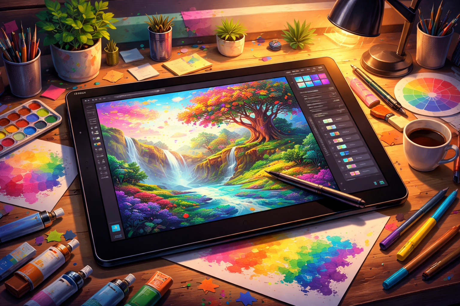 Dijital illustrasyon cizim tableti ve renkli sanat eserleri