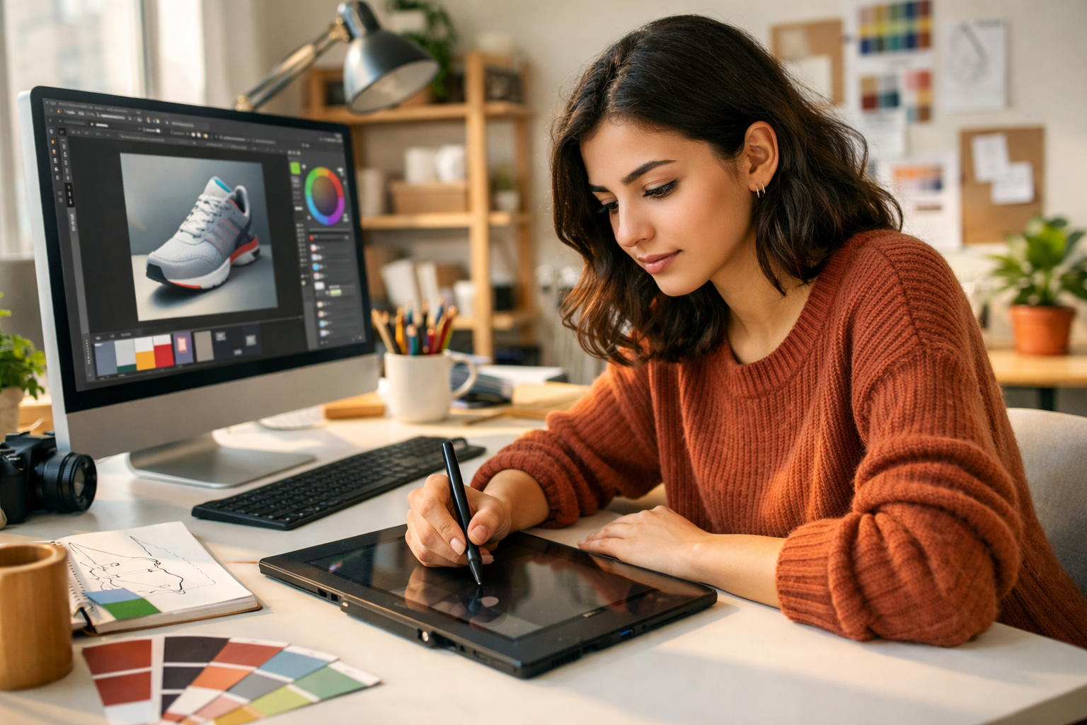 Tasarim kursu ogrencisi dijital tablet uzerinde calisirken